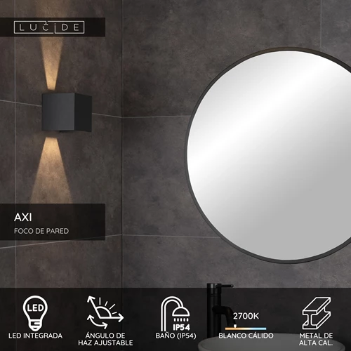 Lucide AXI - Foco de pared / Lámpara de pared Baño - LED - 2x7W 2700K - IP54 - Ángulo de haz ajustable - Negro - USP